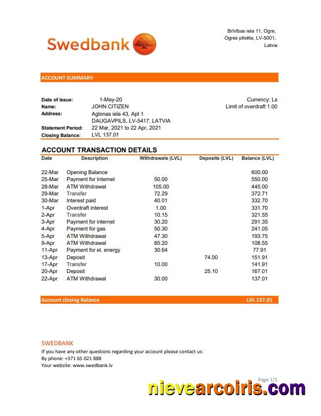 Latvia Swedbank bank statement easy to fill in .xls and .pdf file format